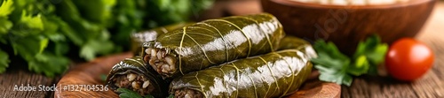 Dolma stuffed with rice herbs and meat wrapped in grape leaves on a wooden platter surrounded by fresh greens. Generative AI photo