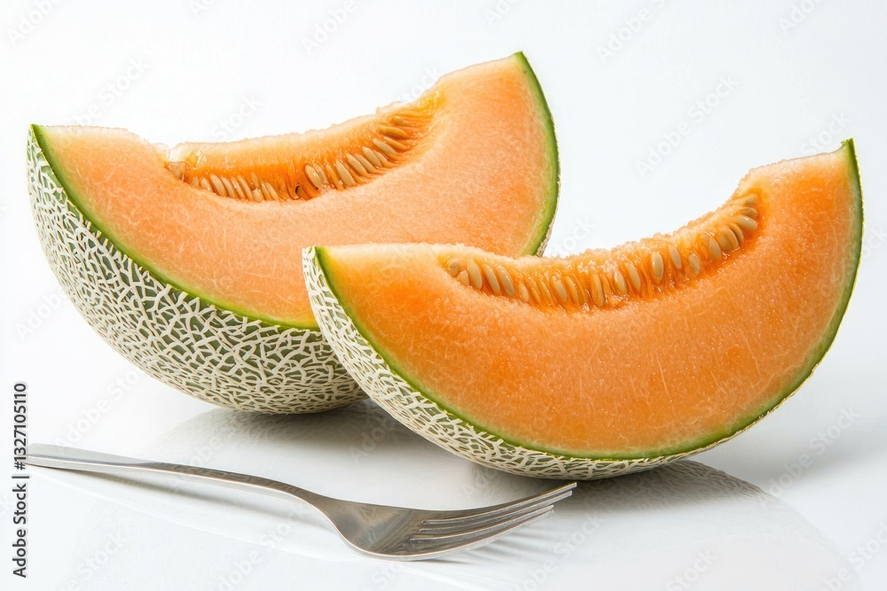 Slices of Vibrant Cantaloupe Melon with Silver Fork on Glossy White Surface Healthy Fresh Still Life Slices of Vibrant Cantaloupe Melon with Silver Fork on Glossy White Surface Healthy Fresh Still Life