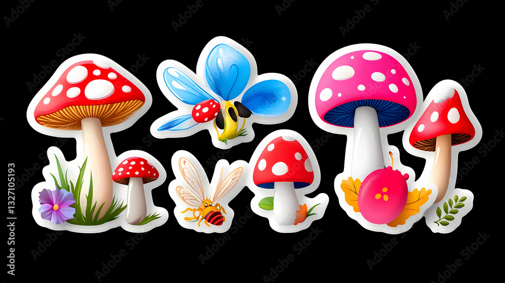 Obraz premium Whimsical Mushroom and Insect Sticker Set