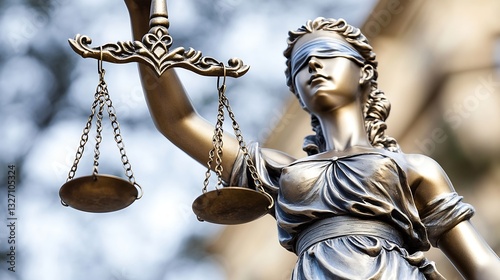 Artistic representation of the Lady Justice statue symbolizing law and order with blindfold and scales : Generative AI