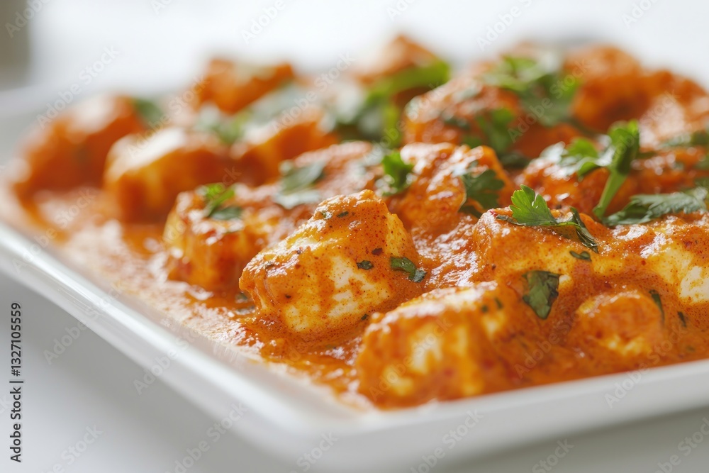 Close up of delicious indian paneer butter masala with creamy tomato sauce and fresh parsley garnish Close up of delicious indian paneer butter masala with creamy tomato sauce and fresh parsley garnish