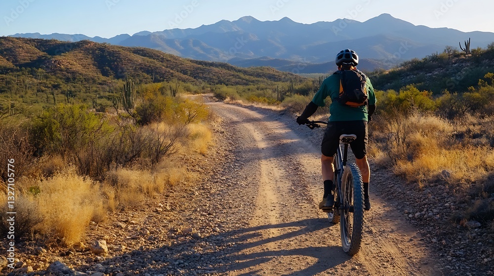 Fototapeta premium Mountain biking on a rugged trail surrounded by scenic desert landscapes and majestic mountain views : Generative AI