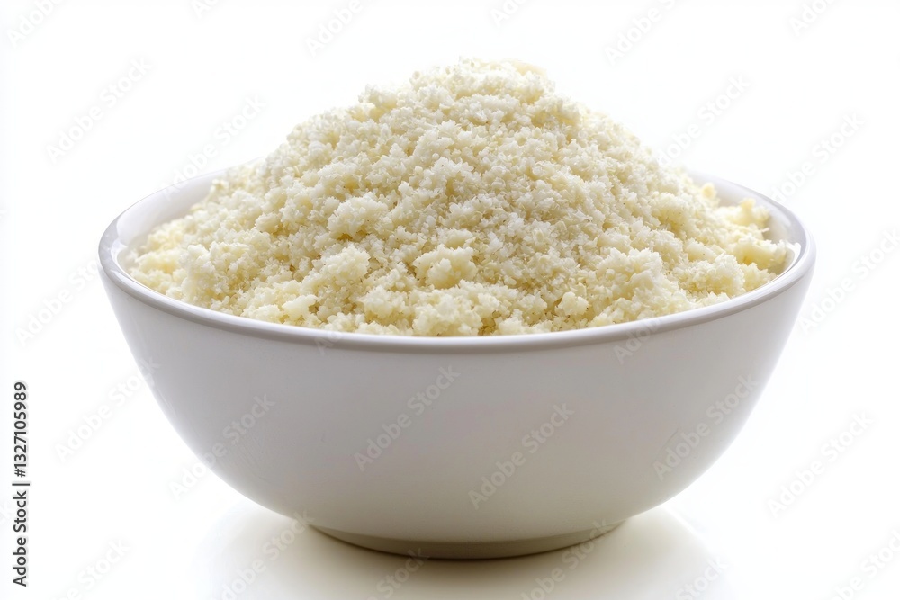 White bowl of grated parmesan cheese on a white background food photography cheese concept simple culinary scene high key lighting food still White bowl of grated parmesan cheese on a white background food photography cheese concept simple culinary scene high key lighting food still