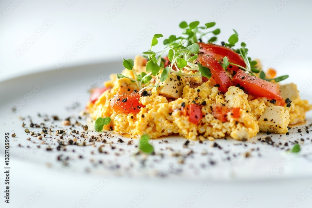 Delicious scrambled tofu vegan breakfast tomatoes herbs artistic plating nutritious creative presentation healthy cuisine photography Delicious scrambled tofu vegan breakfast tomatoes herbs artistic plating nutritious creative presentation healthy cuisine photography