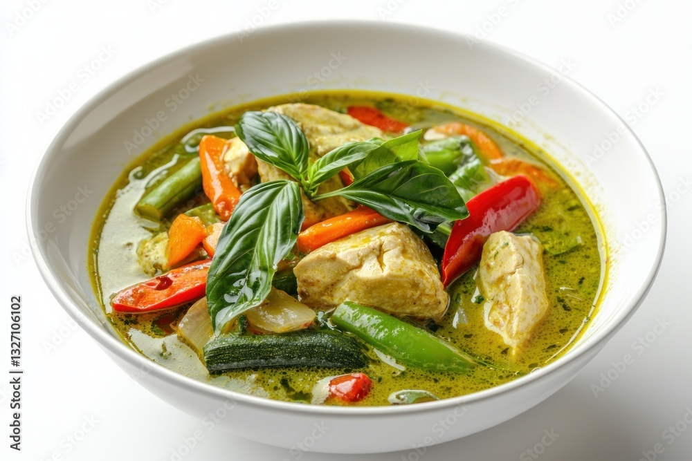 Authentic thai green curry with chicken and fresh vegetables bowl on light background flavorful cuisine Authentic thai green curry with chicken and fresh vegetables bowl on light background flavorful cuisine