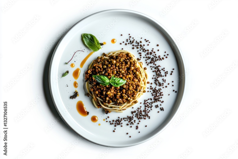 Delicious vegan spaghetti with lentils and basil arranged on a white plate for a modern recipe presentation Delicious vegan spaghetti with lentils and basil arranged on a white plate for a modern recipe presentation