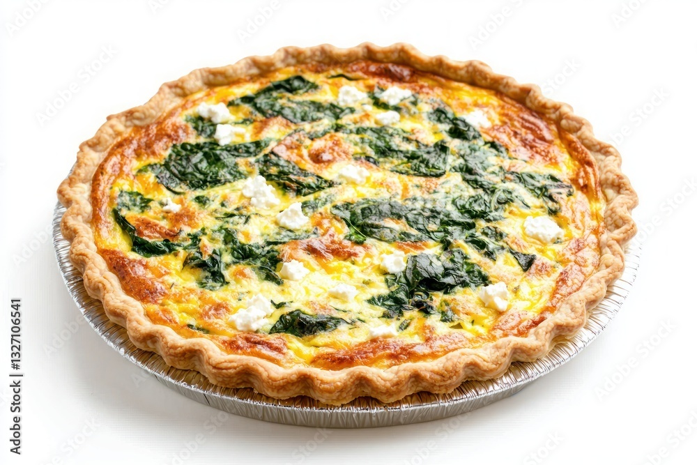 Delicious spinach quiche with feta cheese freshly baked and ready to serve in white background studio shot Delicious spinach quiche with feta cheese freshly baked and ready to serve in white background studio shot