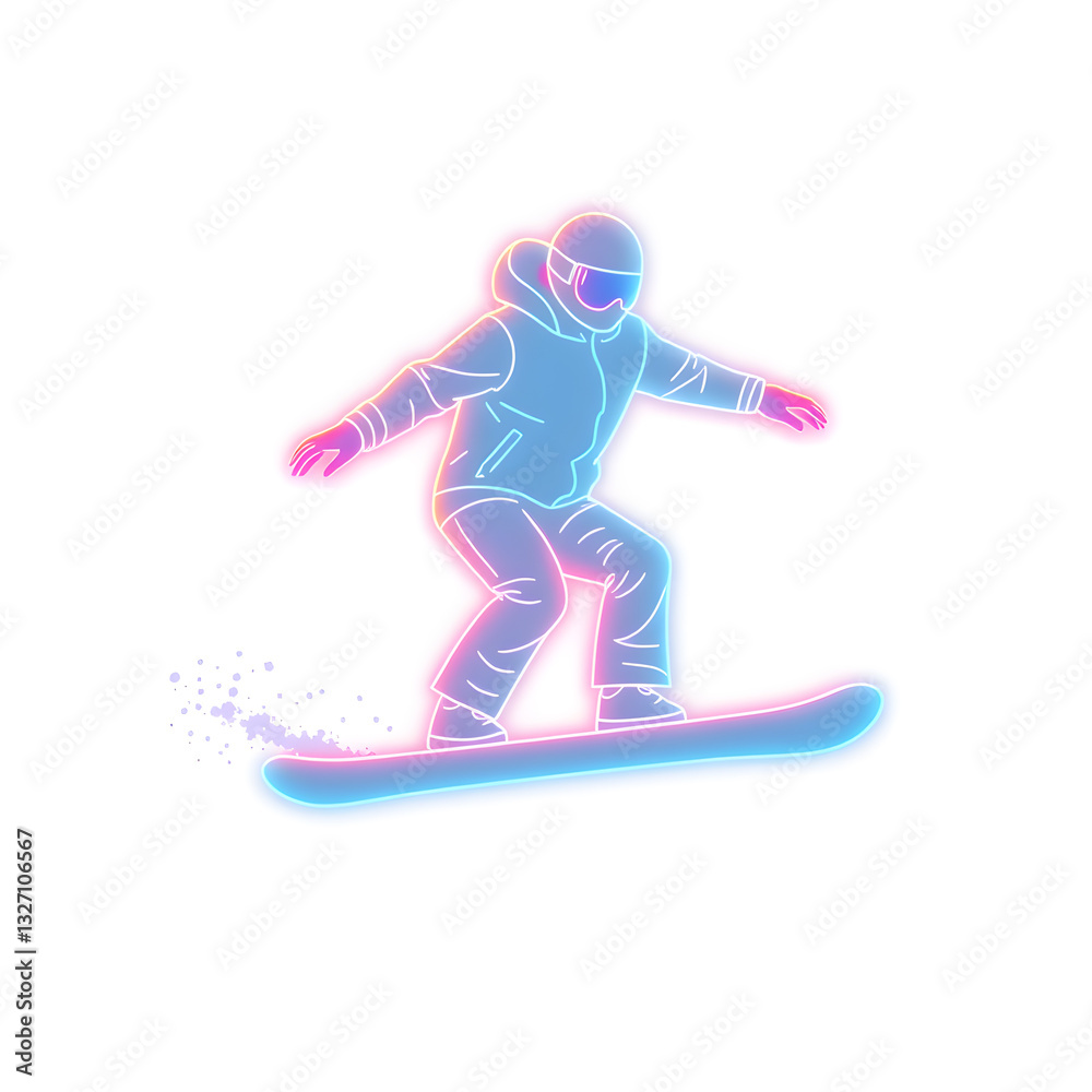 Fototapeta premium Person practicing snowboarding holographic 3D icon. neon symbol vector illustration isolated on white background. Generative AI