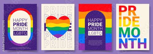 Simple Pride Month posters. Vector illustrations with wavy rainbow patterns and typography design. Set of creative Pride Month cards for decoration of LGBT events, social media, cover, branding.