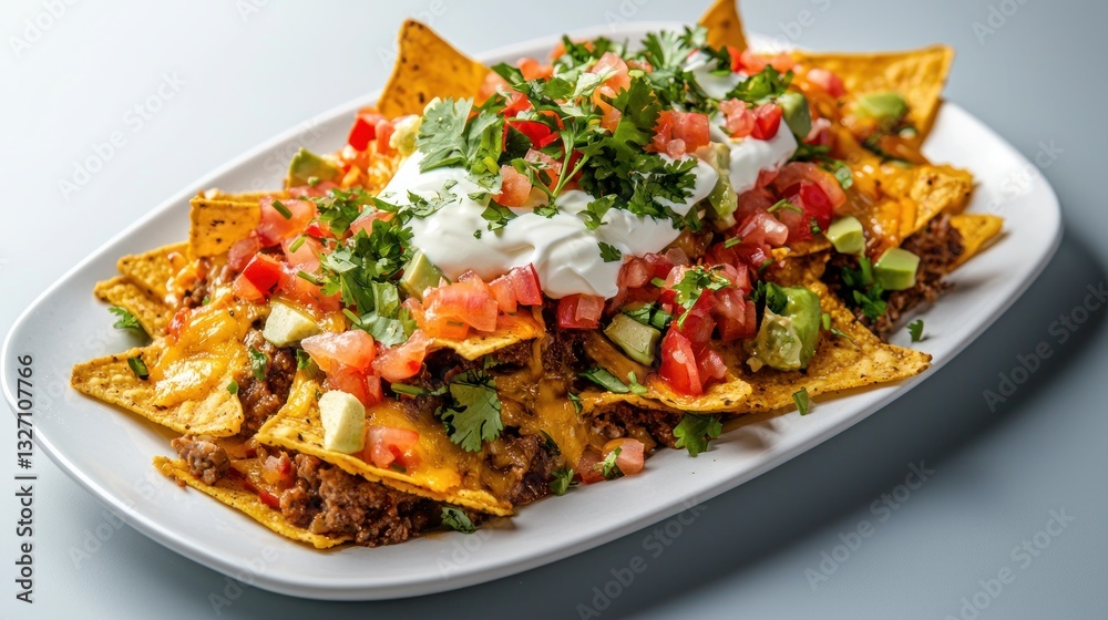 Delicious Plate of Homemade Beef Nachos Topped with Fresh Salsa and Sour Cream from an Overhead View Delicious Plate of Homemade Beef Nachos Topped with Fresh Salsa and Sour Cream from an Overhead View