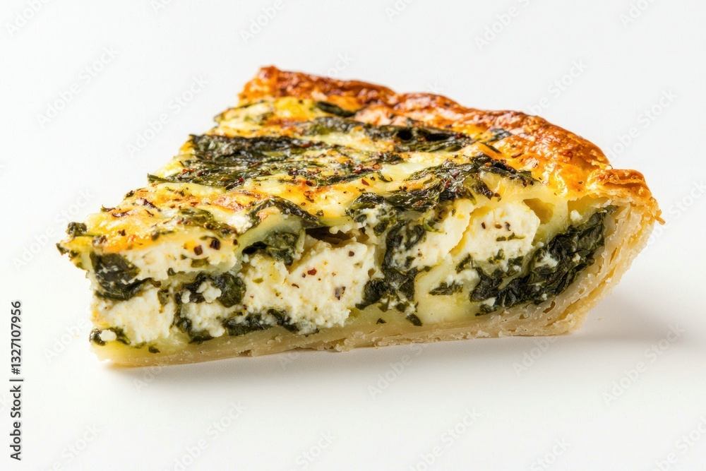 Scrumptious spinach quiche slice with flaky crust on white delightful vegetarian meal fresh food Scrumptious spinach quiche slice with flaky crust on white delightful vegetarian meal fresh food