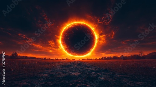 Stunning image of a solar eclipse at totality with fiery glow and dramatic sky. Generative AI