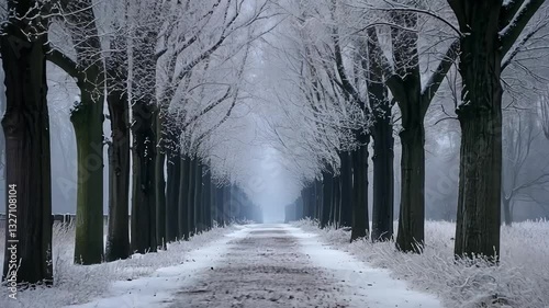 A snow covered road with trees in the background