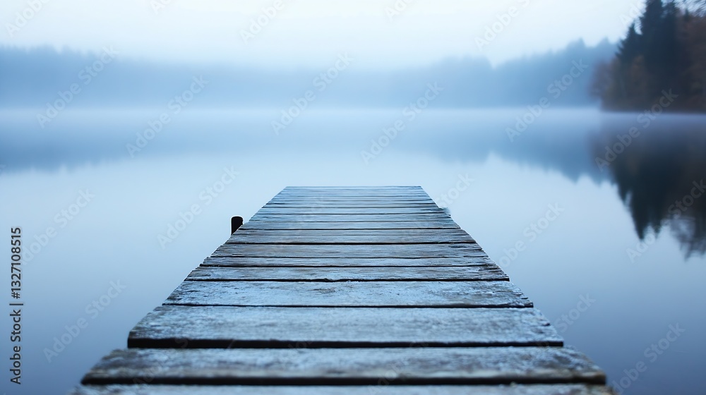 Obraz premium Serene Lake Dock with Misty Landscape in Early Morning Light Reflection : Generative AI