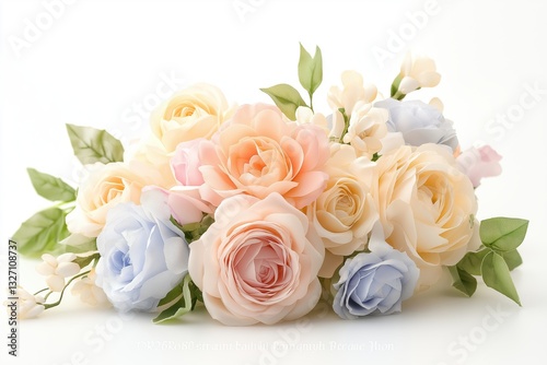 Soft pastel flowers bouquet with delicate blossoms and green leaves
