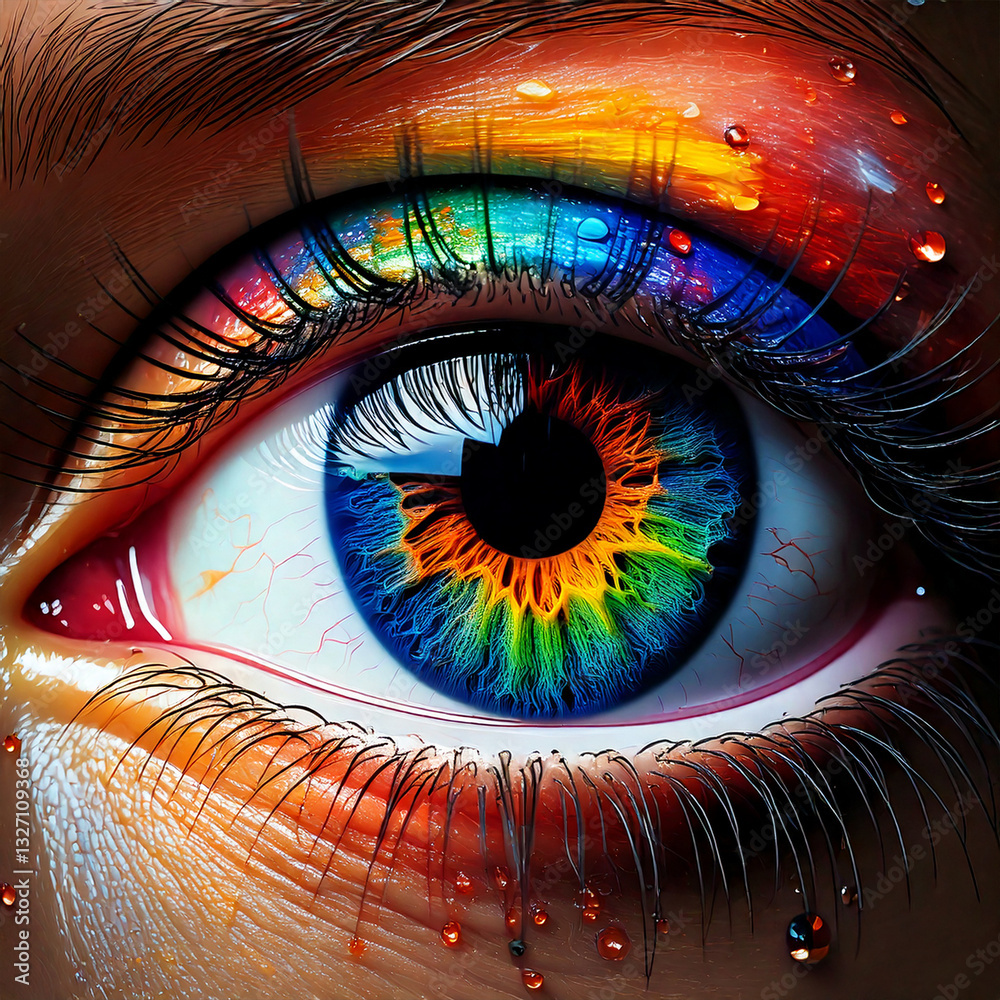 Illustration of a woman's close-up rainbow iris with vibrant colors around the eye