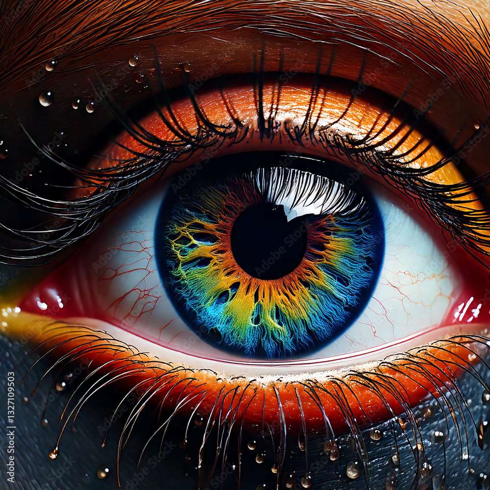 Illustration of a woman's close-up rainbow iris with vibrant colors around the eye