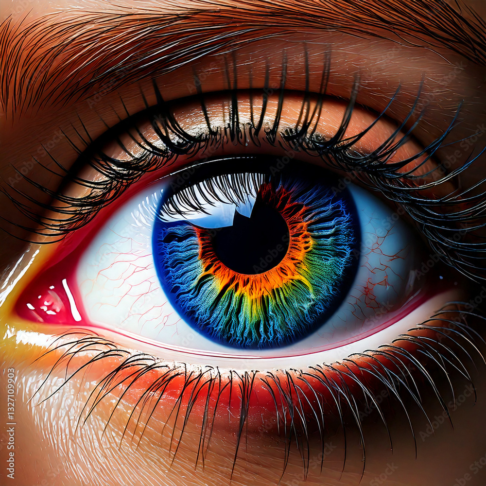 Illustration of a woman's close-up rainbow iris with vibrant colors around the eye