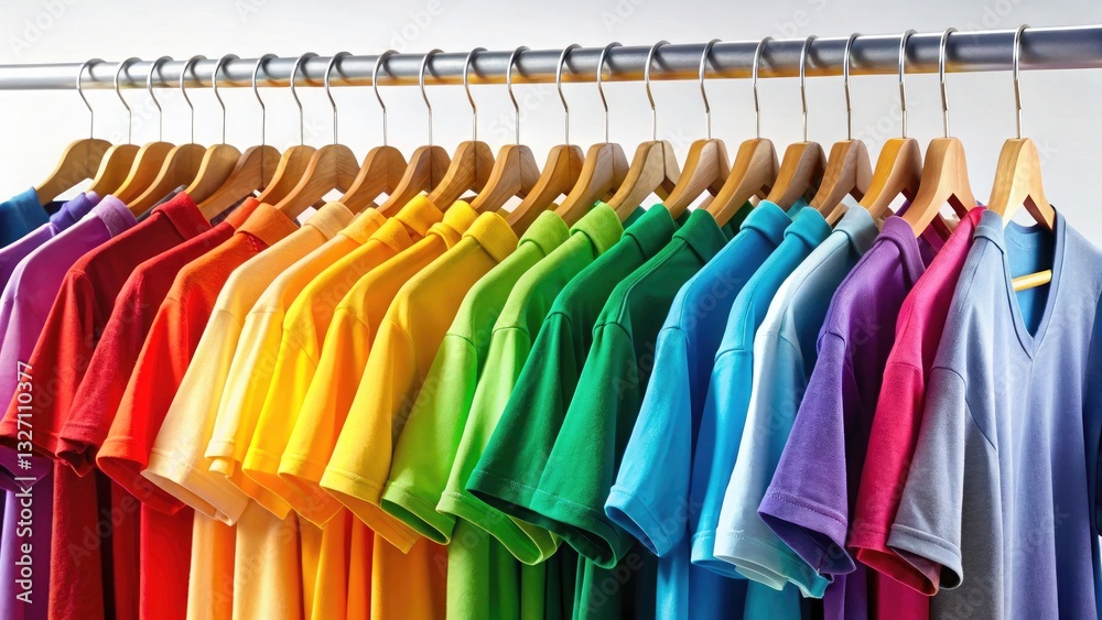 Fototapeta premium Colorful T-Shirt Rack, Rainbow Apparel, Studio Clothing Display, Clothing Rack PNG, Shirt Rack Background, Rainbow Shirts, Apparel Photography