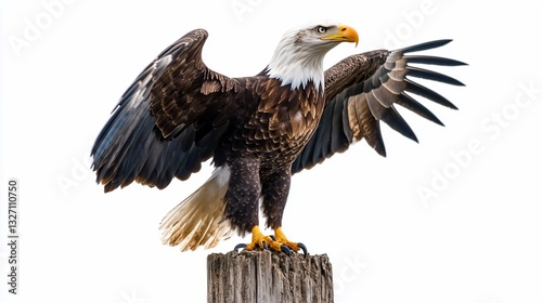Majestic Bald Eagle Landing on Post, Wings Spread, White Background, Wildlife Photography