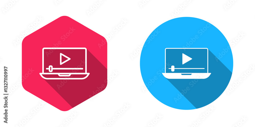 Filled and outline Online play video icon isolated with long shadow background. Laptop and film strip with play sign. Vector Filled and outline Online play video icon isolated with long shadow background. Laptop and film strip with play sign. Vector