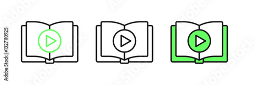 Set line Audio book icon isolated on white background. Play button and book. Audio guide sign. Online learning concept. Vector