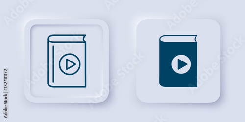 Filled and outline Audio book icon isolated on grey background. Play button and book. Audio guide sign. Online learning concept. Square button. Vector