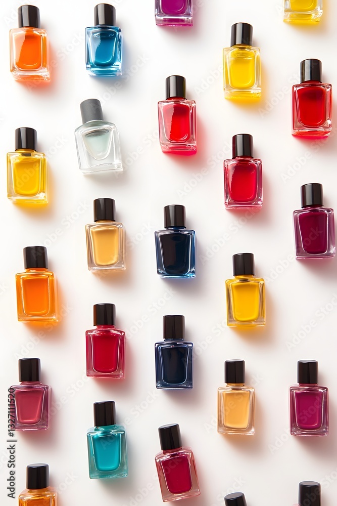 Vibrant Nail Polish Bottles in Flat Lay Studio Photography on White Background Vibrant Nail Polish Bottles in Flat Lay Studio Photography on White Background