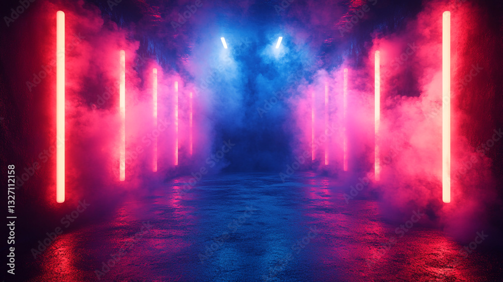 Obraz premium Neon-Lit Corridor with Pink and Blue Fog. ai generated