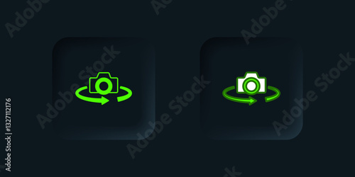 Green 360 degree view icon isolated on black background. Virtual reality. Angle 360 degree camera. Panorama photo. Black square button. Vector
