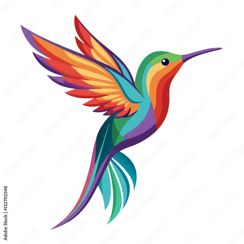 Obraz premium A vibrantly colored hummingbird in flight, depicted in a stylized isolated on white