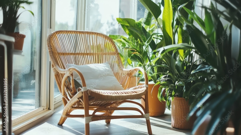 Fototapeta premium Natural light-filled room with an inviting accent chair and tropical plants creating a fresh ambiance.