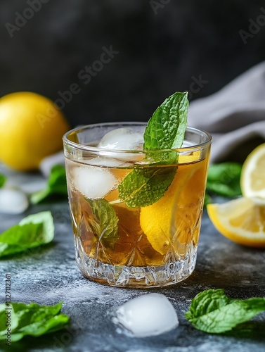 Refreshing cocktail with ice and mint leaves garnished with lemon slices captured in vibrant light : Generative AI