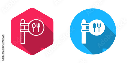 Filled and outline Cafe and restaurant location icon isolated with long shadow background. Fork and spoon eatery sign inside pinpoint. Vector.