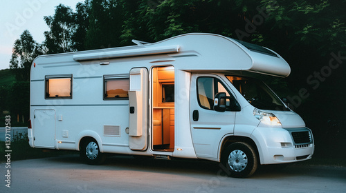 RV at Dusk: A modern recreational vehicle, illuminated by interior lights, sits parked at dusk, with an open door inviting exploration and adventure.