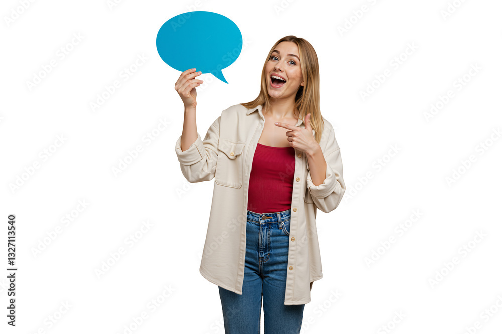 Excited Young Woman Holding a Speech Bubble Cutout Excited Young Woman Holding a Speech Bubble Cutout