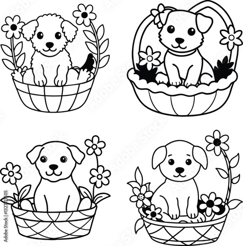 set of funny Dog line art coloring page