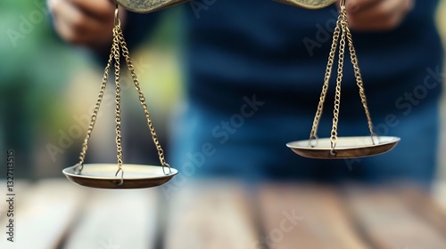 Hand holding vintage scales outdoors showcasing equality and balance in life and justice with focus on craftsmanship : Generative AI