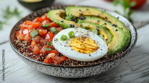 Close-up of a beautifully arranged protein breakfast bowl with eggs, avocado, and fresh vegetables for a healthy meal
