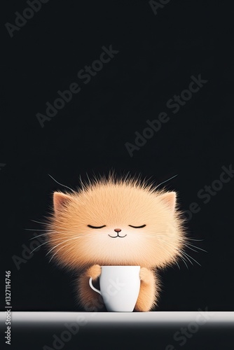 Adorable Fluffy Cartoon Cat Holding a White Coffee Mug with a Peaceful Smile on a Dark Background