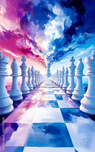 Surreal Chessboard with White Pieces Leading into a Dreamlike Sky of Blue and Pink Clouds