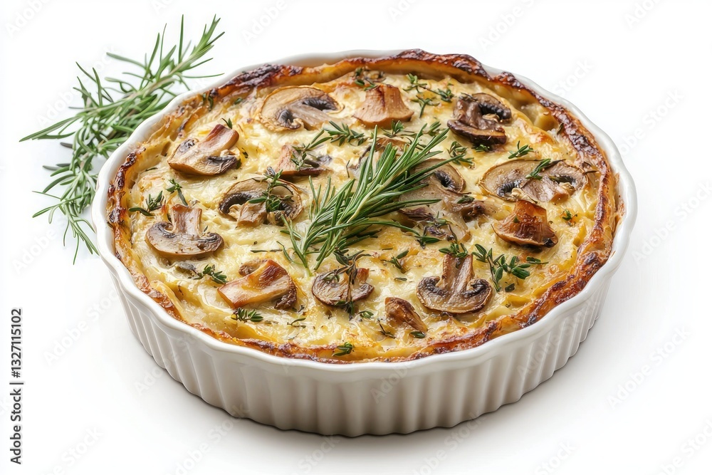 Savory Mushroom Quiche with Fresh Rosemary and Thyme Gourmet Baked Tart Dish from Top Angle View in Studio Savory Mushroom Quiche with Fresh Rosemary and Thyme Gourmet Baked Tart Dish from Top Angle View in Studio