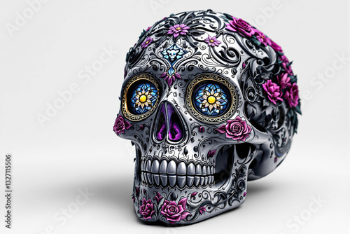 Colorful sculpture Skull – 3D Illustration Inspired by Día de los Muertos