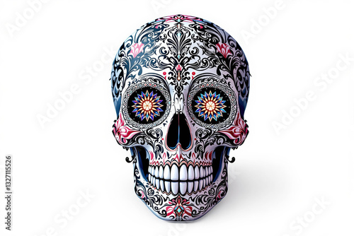 Colorful sculpture Skull – 3D Illustration Inspired by Día de los Muertos
