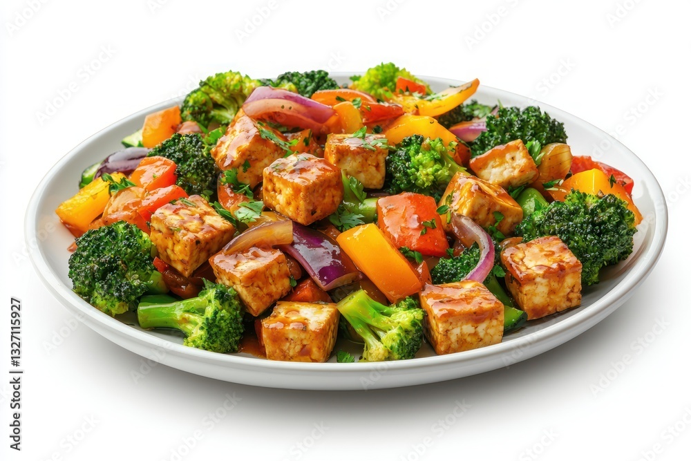 Colorful stir fried tofu with broccoli onion and bell pepper served in a white plate on white background Colorful stir fried tofu with broccoli onion and bell pepper served in a white plate on white background