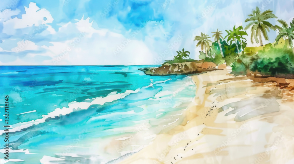 Fototapeta premium watercolor painting of ocean an a beach