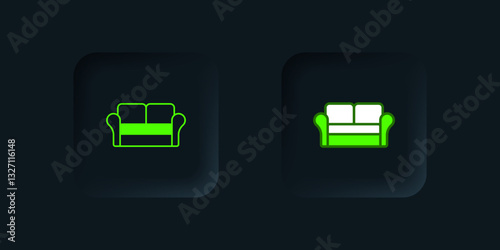 Green Sofa icon isolated on black background. Black square button. Vector