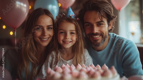 Family Celebrating a Birthday with a Cake Balloons and Party Hat. Generative AI photo