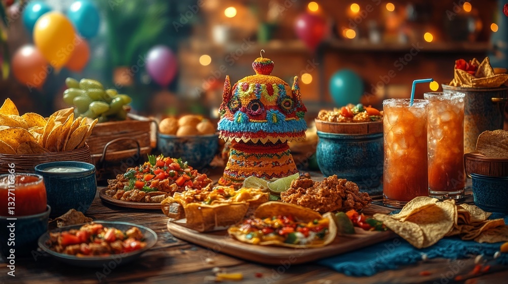 Colorful Mexican Fiesta with Tacos Piñata and Drinks. Generative AI Colorful Mexican Fiesta with Tacos Piñata and Drinks. Generative AI