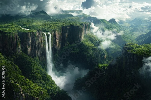 Majestic waterfall cascading into lush valley, dramatic mountain backdrop